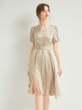 Womens Silk Midi Dress Puff Sleeves Pleated Waist Silk Dresses