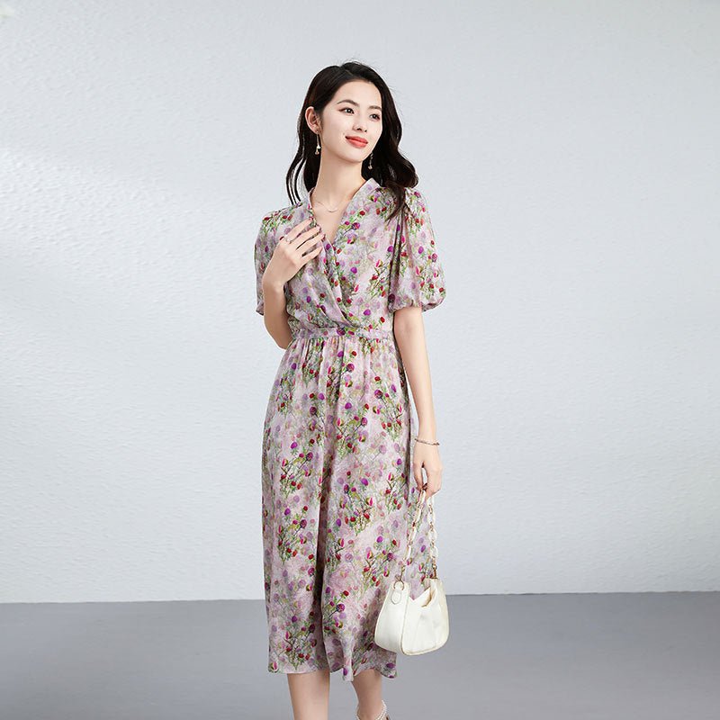 Womens Silk Midi Dress Wrap V - Neck Puff Sleeves Silk Floral Dress