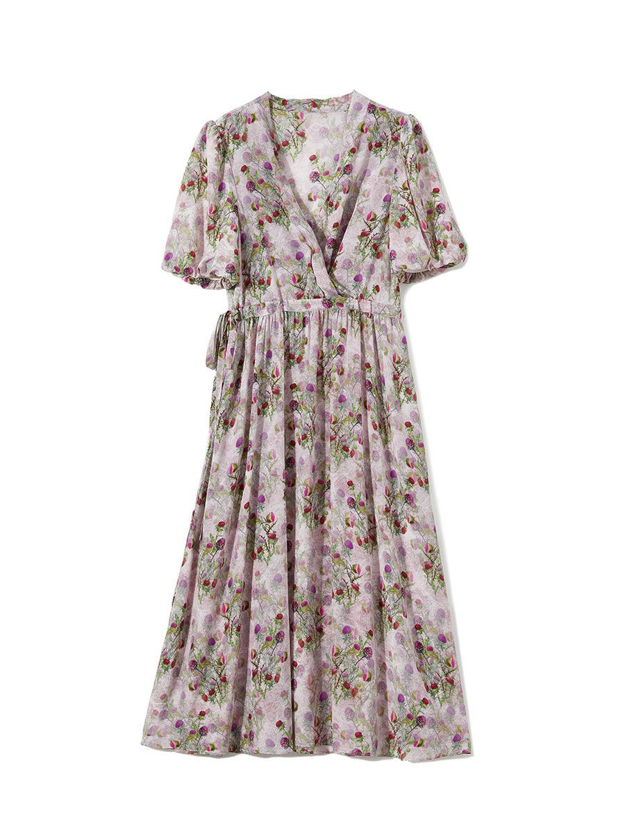 Womens Silk Midi Dress Wrap V - Neck Puff Sleeves Silk Floral Dress