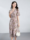 Womens Silk Midi Dress Wrap V - Neck Puff Sleeves Silk Floral Dress