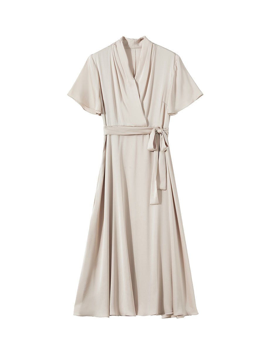 Womens Silk Midi Wrap Dress Short Sleeves Waist Tie Silk Dresses