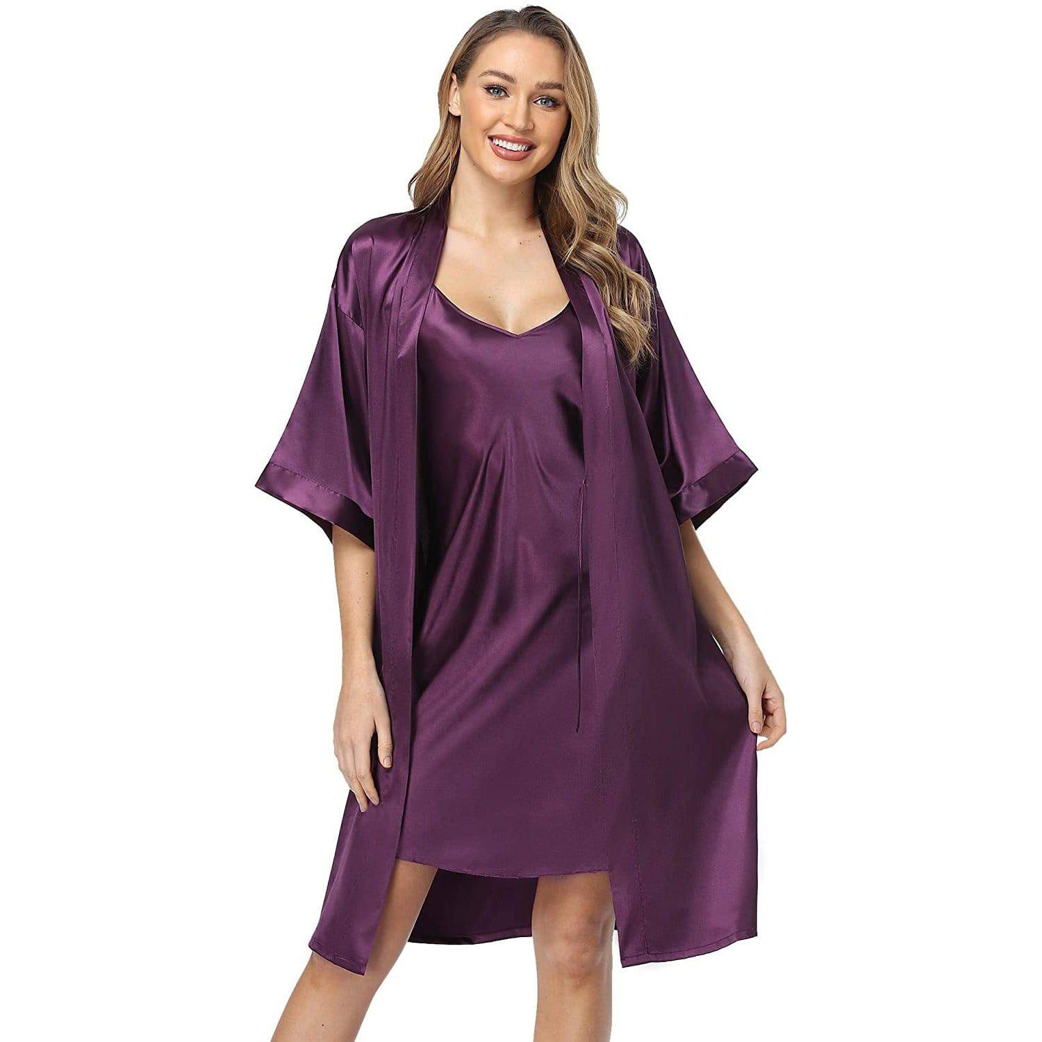 Women Silk Two Piece Sleepwear Silk Nightgown And Robe Set