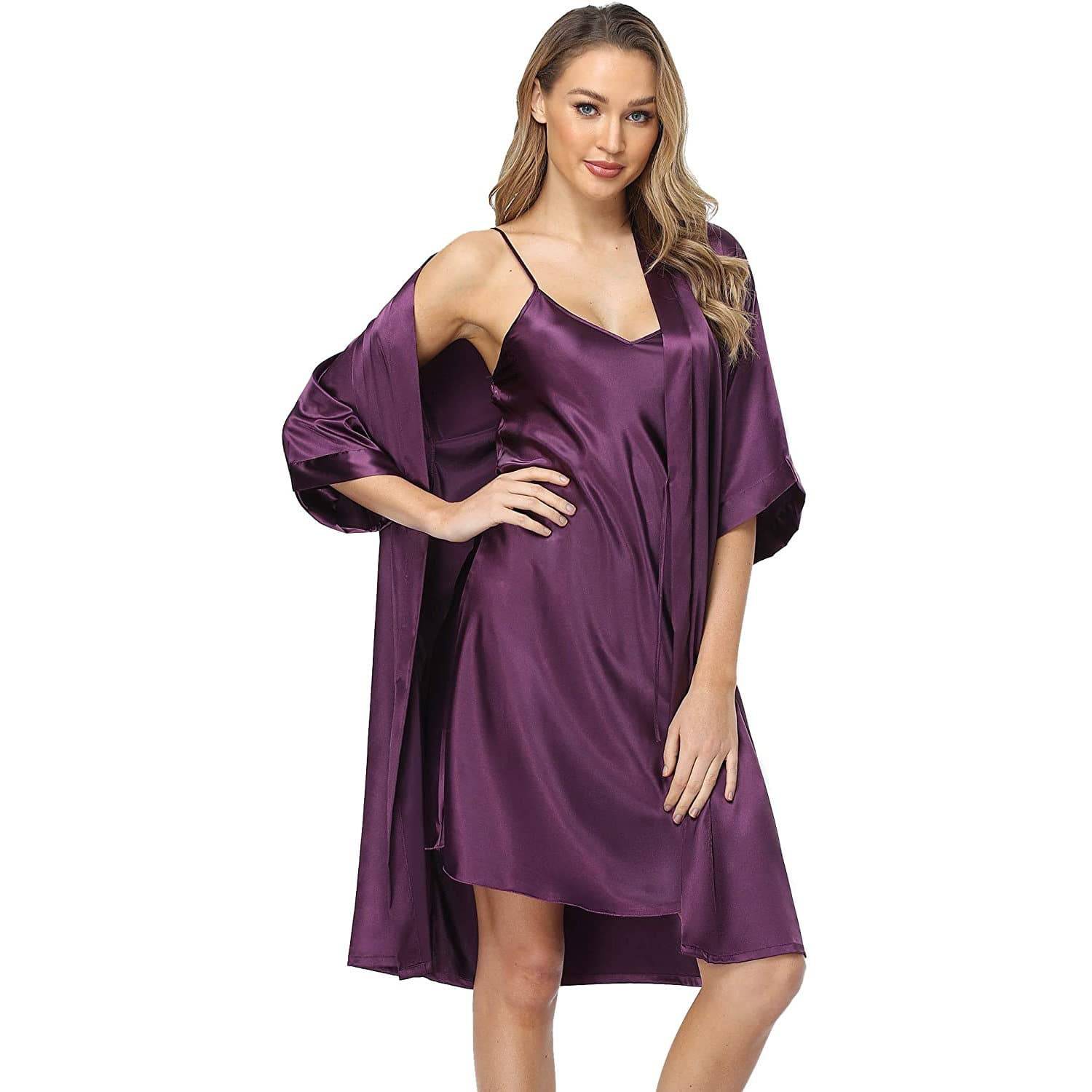 Women Silk Two Piece Sleepwear Silk Nightgown And Robe Set