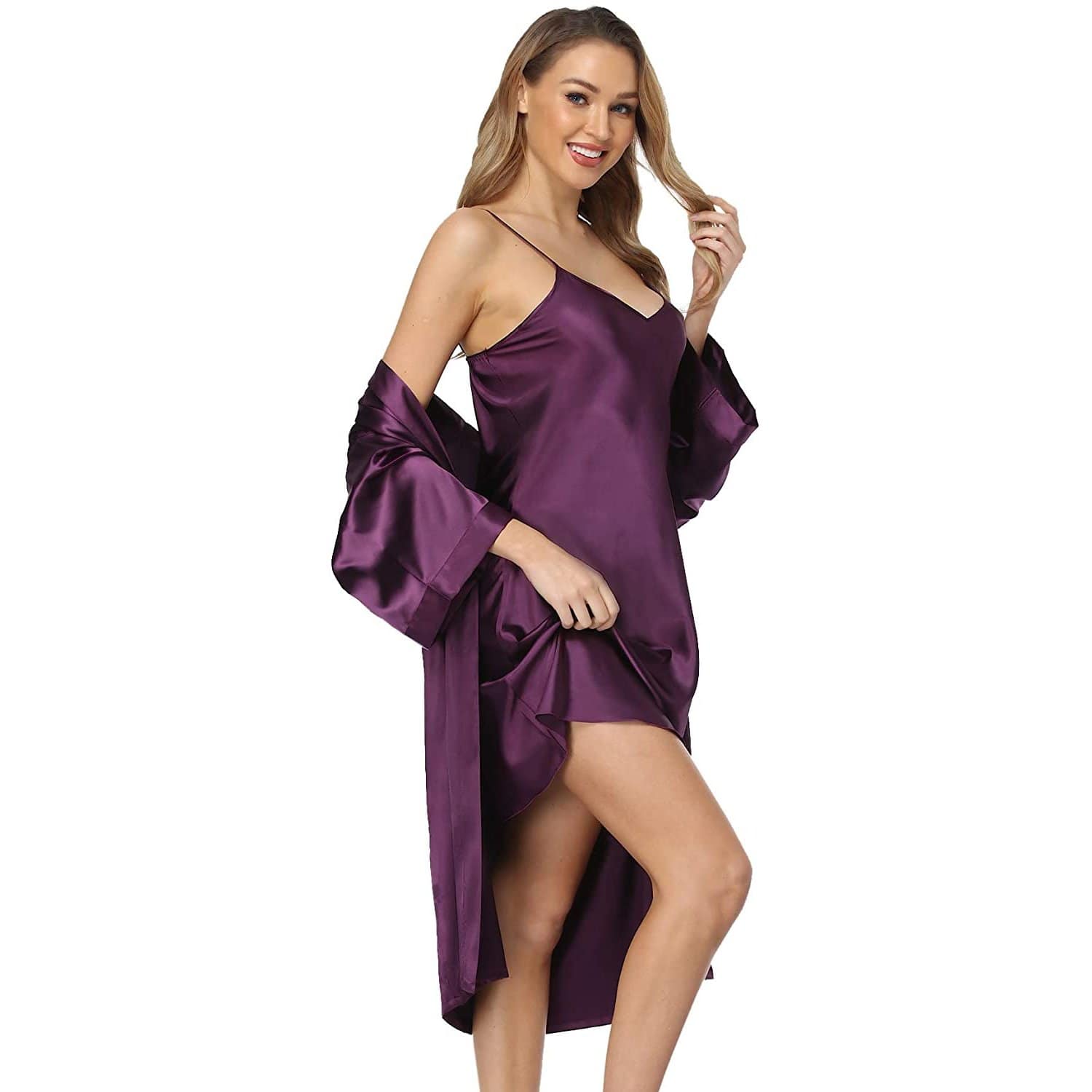 Women Silk Two Piece Sleepwear Silk Nightgown And Robe Set