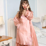 Womens Lace Silk Nightgown And Robe Set 100% Silk Sleepwear