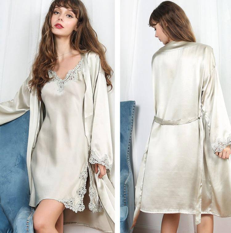 Womens Lace Silk Nightgown And Robe Set 100% Silk Sleepwear