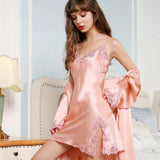 Womens Lace Silk Nightgown And Robe Set 100% Silk Sleepwear