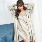 Womens Lace Silk Nightgown And Robe Set 100% Silk Sleepwear