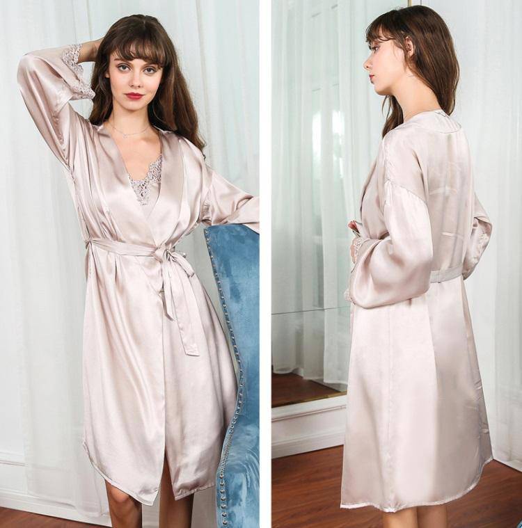 Womens Lace Silk Nightgown And Robe Set 100% Silk Sleepwear