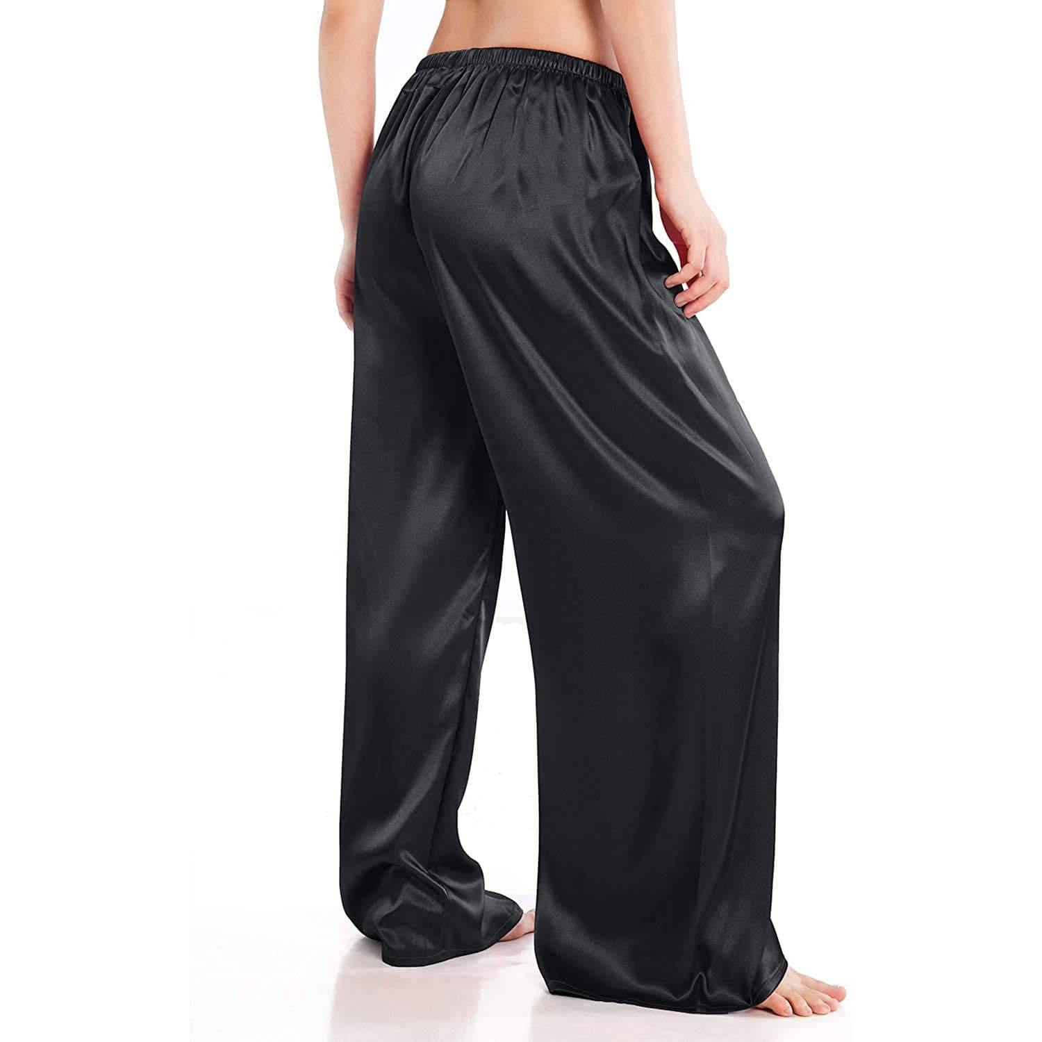 Black Womens Silk Pajama Pants Wide Leg Casual Loose pure Silk Pj Bottoms