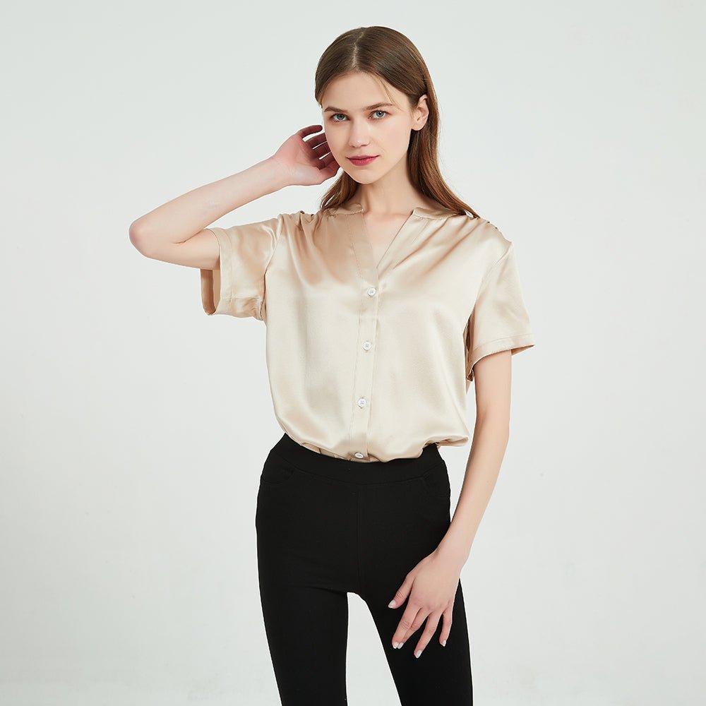 Women Short Sleeve Silk Blouse V Neck Silk Shirts Tops for Women - slipintosoft