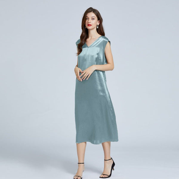 Women's Simple Slim V-neck Silk Dress 100% Mulberry Silk Sleeveless Dr