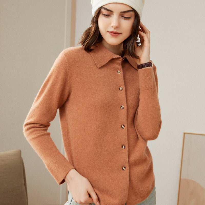 Women's Solid Color 100% Cashmere Button-Down Polo-Neck Cardigan - slipintosoft