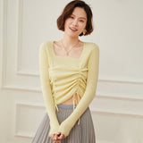 Womens Square Neck Cashmere Sweater Ruched Knit Cashmere Pullover Yellow XS