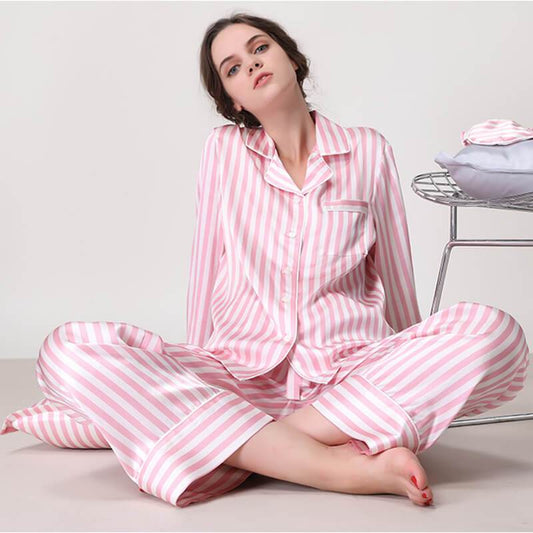 Pink Women s Striped Silk Pajama Set 100 Mulberry Stripe Silk PJS