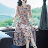 Women's Elegant Silk Dresses V Necked Floral Printed Silk Dress - slipintosoft