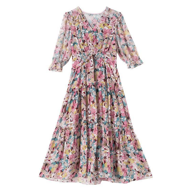 Women's Elegant Silk Dresses V Necked Floral Printed Silk Dress - slipintosoft