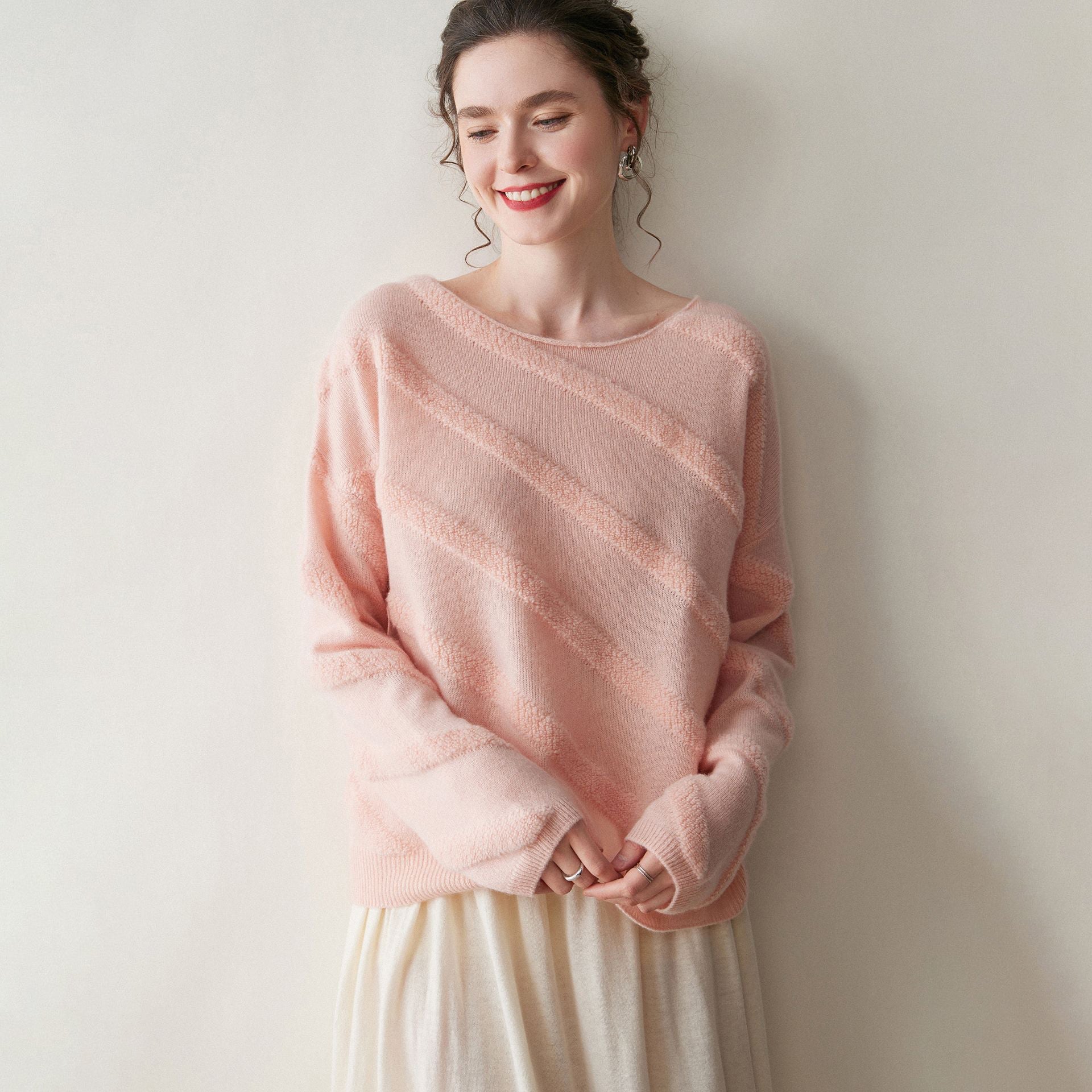 Womens Textured Cashmere Knit Sweater Crew Neck Long Sleeve Cashmere Pullover Pink XS