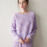 Womens Textured Cashmere Knit Sweater Crew Neck Long Sleeve Cashmere Pullover Purple XS
