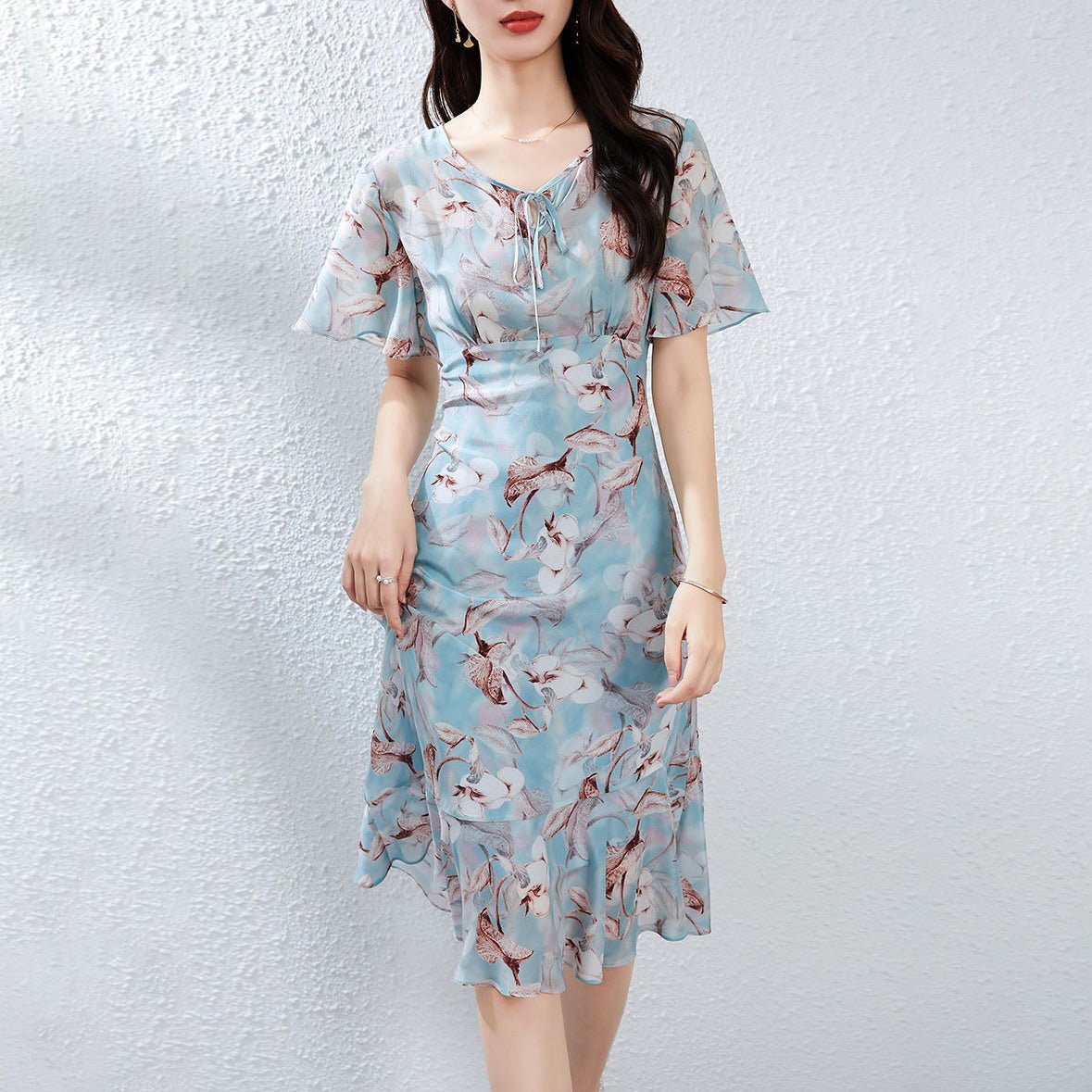 womens flutter sleeve midi dress Womens Tie Neck Silk Floral Dress Silk Midi Dress with Flutter Sleeves