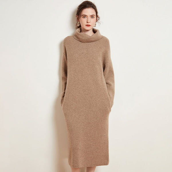 midi cashmere sweater dress Womens Cashmere Knit Midi Dress Long Sleeve Cowl Neck Turtleneck Dress, Beige / M