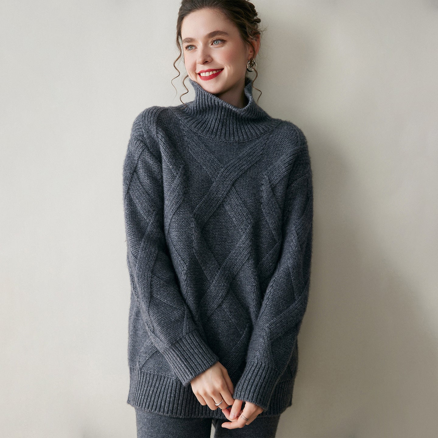 Womens Turtleneck Cashmere Sweater Diamond Cable Knit Cashmere Pullover Gray XS