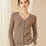 Women's V-Neck Button Cashmere Cardigan Long Sleeve Cashmere Cardigan - slipintosoft