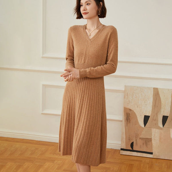 white christmas dresses Womens Cashmere Ribbed Knit A-Line Dress Long Sleeve V Neck Midi Dress Taupe / Xs white christmas dresses Womens Cashmere Ribbed Knit A-Line Dress Long Sleeve V Neck Midi Dress Taupe / Xs