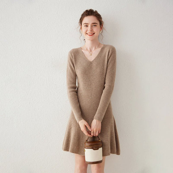 Womens V Neck Ribbed Cashmere Sweater Dress A Line Cashmere Knit Dress Taupe / XS