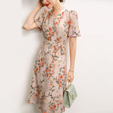 Retro Floral Silk Dress 100% Pure Silk Dress Short-Sleeves Dress Midi Silk Dress