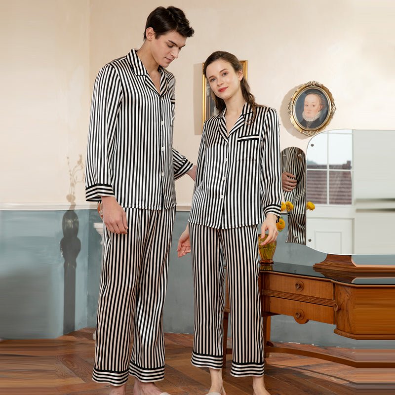 Women's Classic Stripe Silk Sleepwear Luxury Long Sleeves Silk Pajamas Set