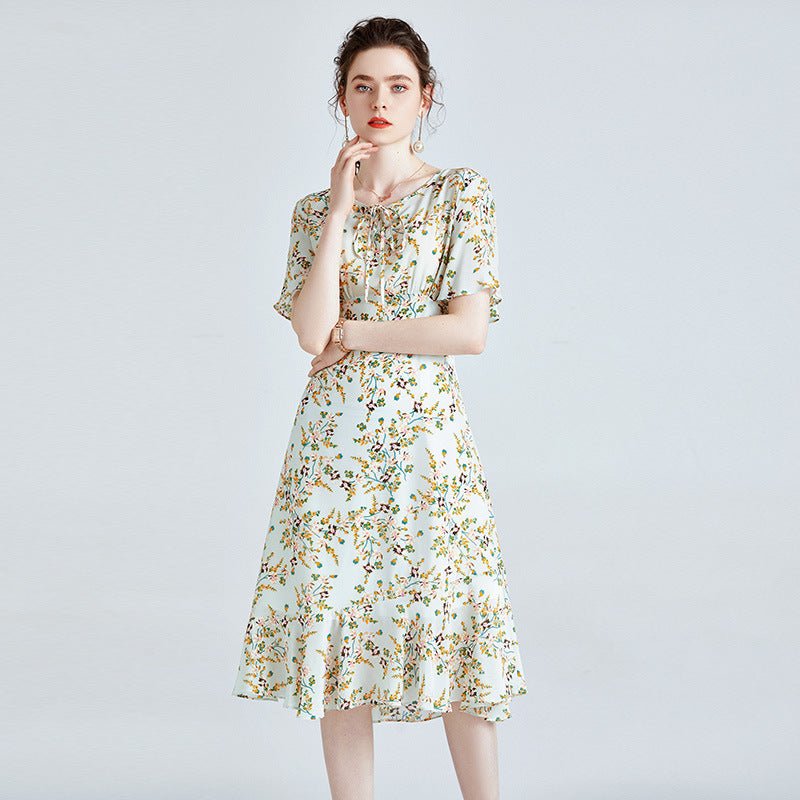 Elegant Ladies 100% Pure Silk Floral Dress Mulberry Silk Short Sleeves Dresses 2022 New In