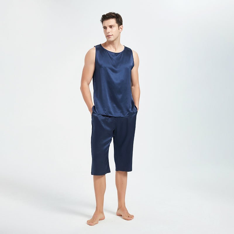 Mens Silk Tank Top Set Summer Sleeveless Silk Sleepwear Pajamas Set