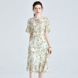 Elegant Ladies 100% Pure Silk Floral Dress Mulberry Silk Short Sleeves Dresses 2022 New In
