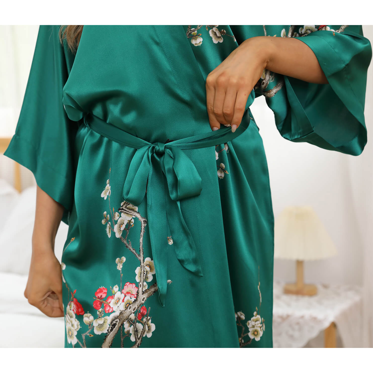 100% Long Silk Kimono Robe for Women Cherry Blossom Printing Luxury Mulberry Silk Robe - slipintosoft