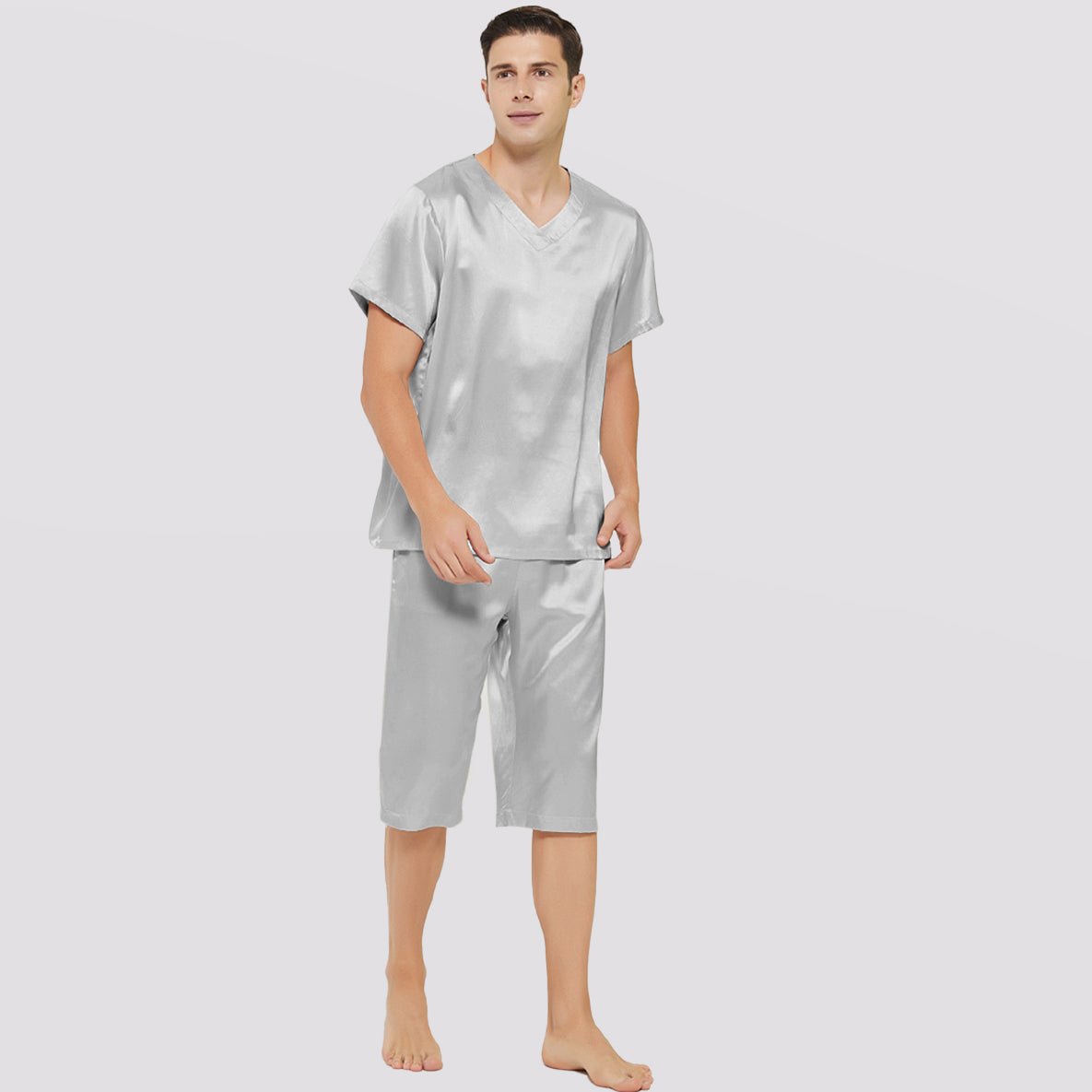 100% Mulberry Silk Short Mens Silk Pajama Set Summer Silk Sleepwear  Two-Piece Pajamas Set