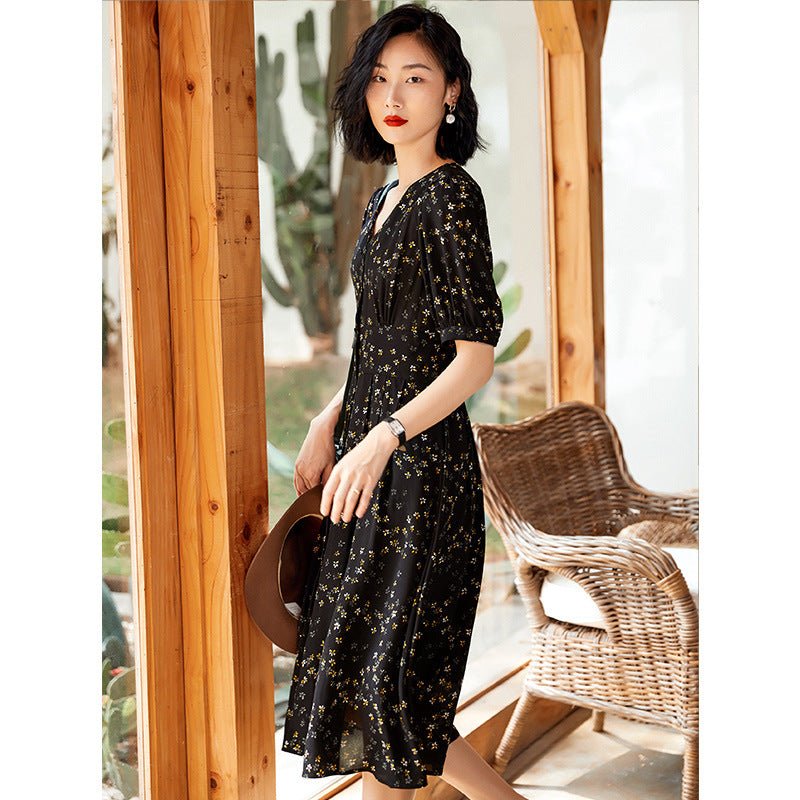 100% Silk Black Floral Print Dress Ladies Summer Chic Silk Dresses - slipintosoft