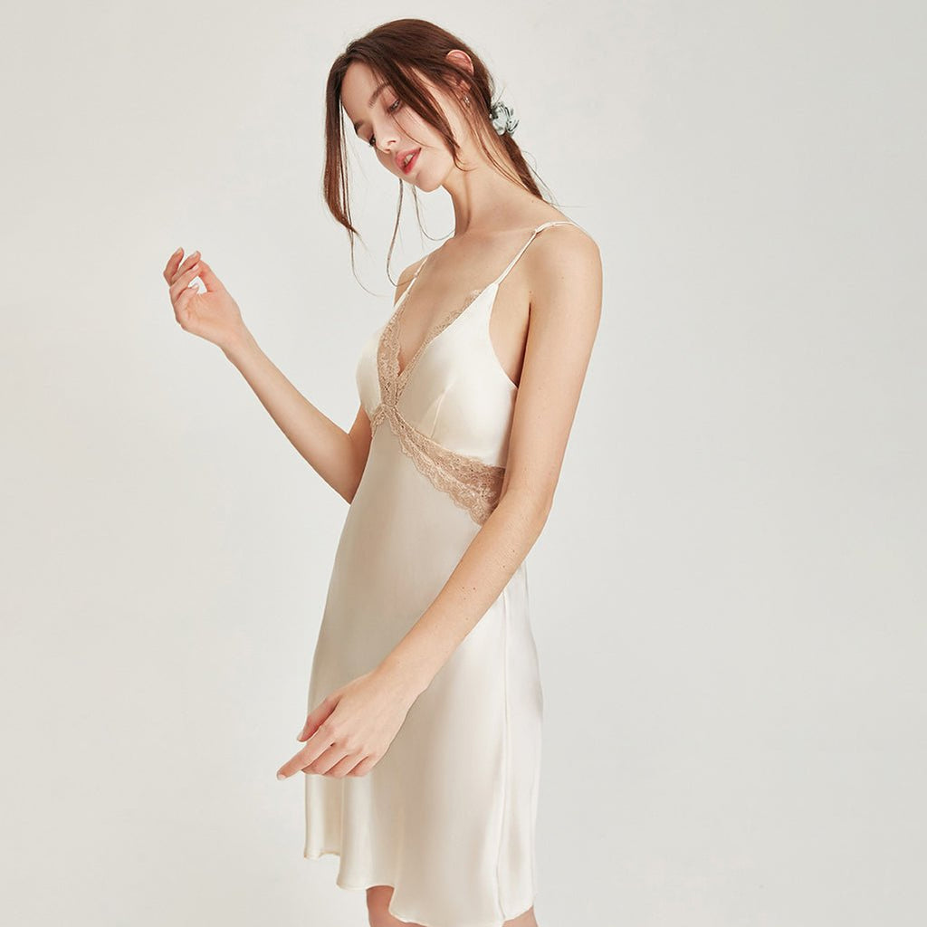 Luxurious Adjustable Thin Shoulder Strap Silk Nightgown Sexy Lace Silk Slip Open Back Skirt Sleep Dress
