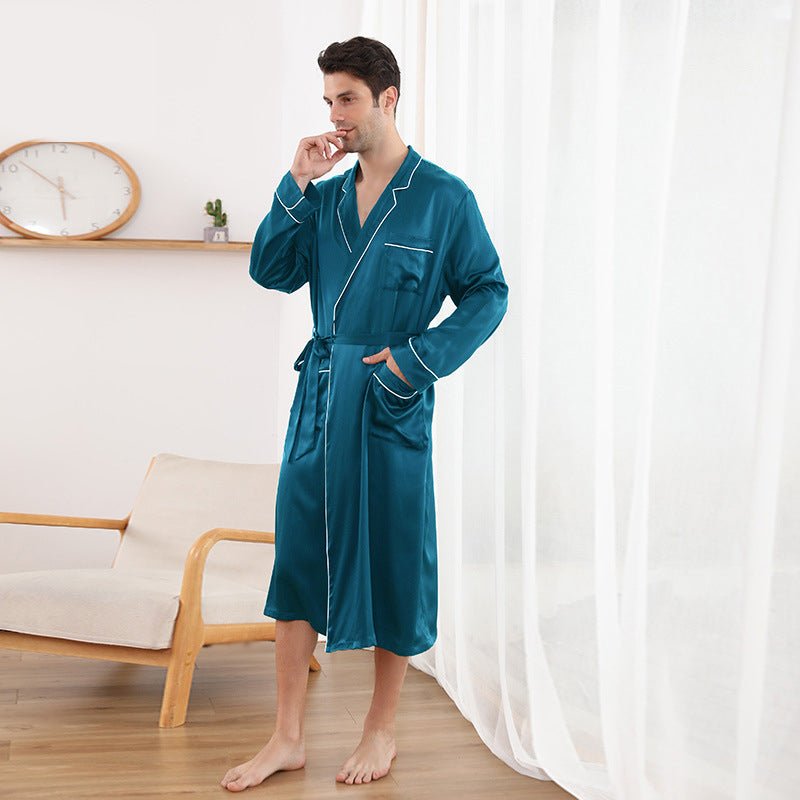 22 momme Thicken 100% genuine silk Long bathrobe men Noble Green Gown sets  Men elegance