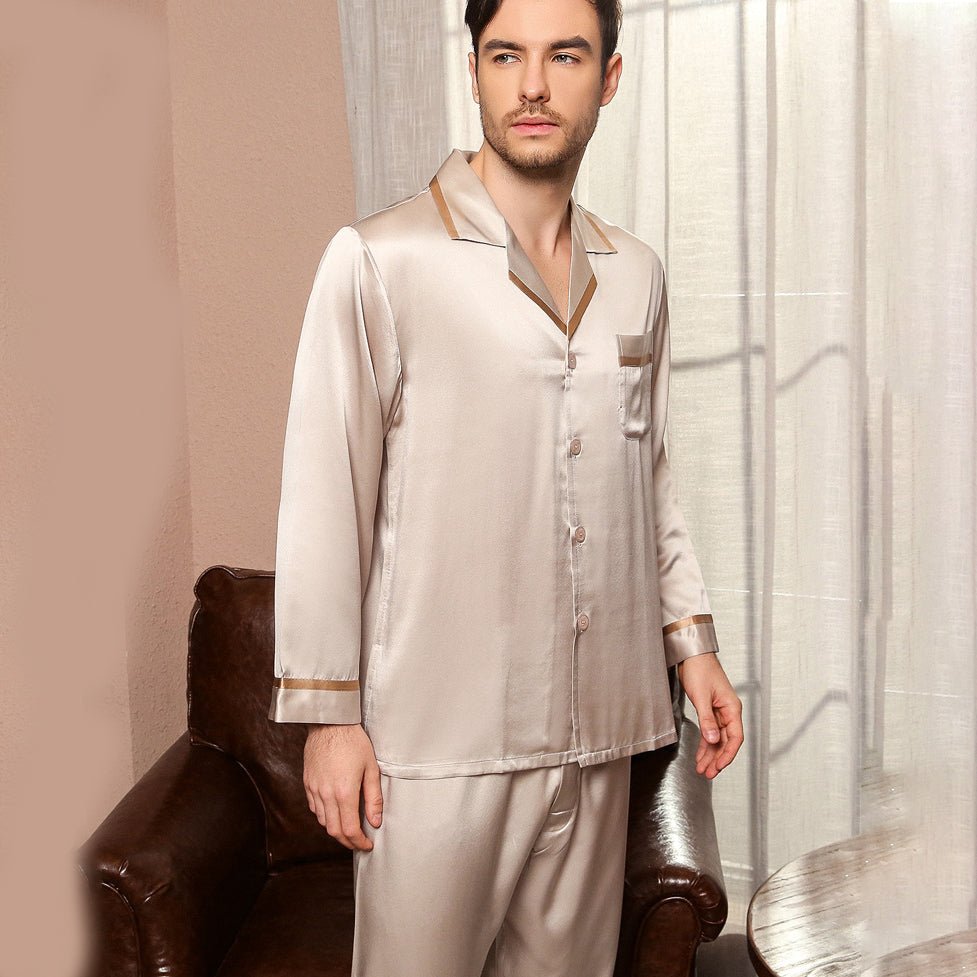 Luxury Men's Silk Long Sleeve Pyjamas Suit Silk Sleepwear Button