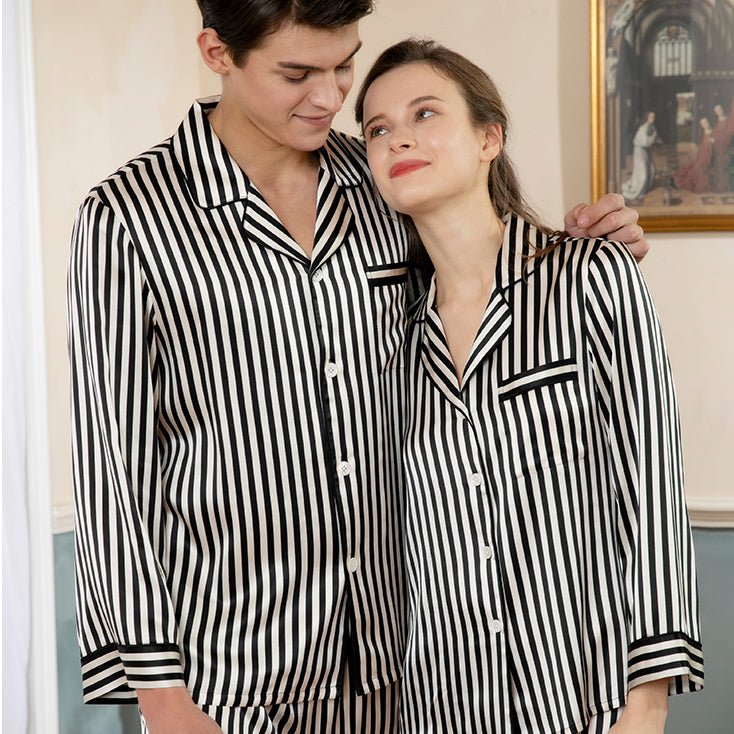 Women's Classic Stripe Silk Sleepwear Luxury Long Sleeves Silk Pajamas