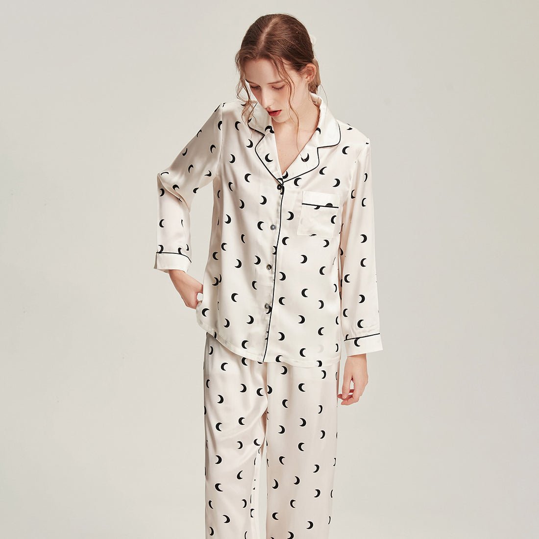19 Momme Chic Women Silk Pajamas Set Moon Print Ladies Elegant Silk Sleepwear - slipintosoft