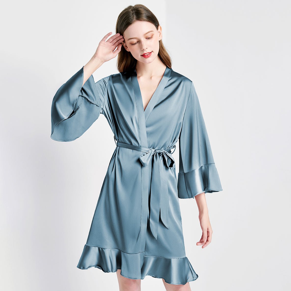 Womens Silk Nightgown & Ruffle Robe Set Elegant Silk Sleepwear For Sum
