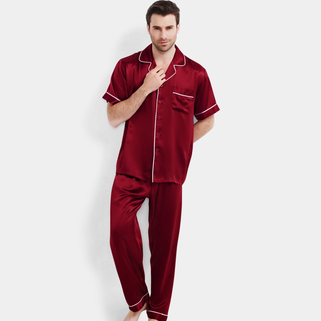 Men's Luxury Silk Pajamas Set for Men Short Sleeve Silk Nightwear with