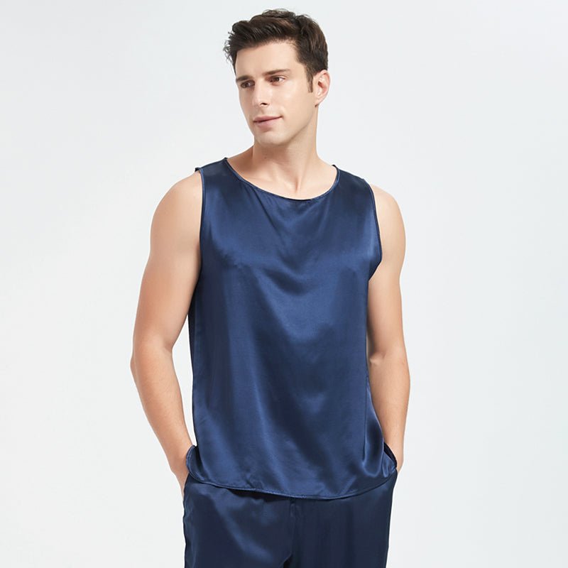 Mens Silk Tank Top Set Summer Sleeveless Silk Sleepwear Pajamas Set