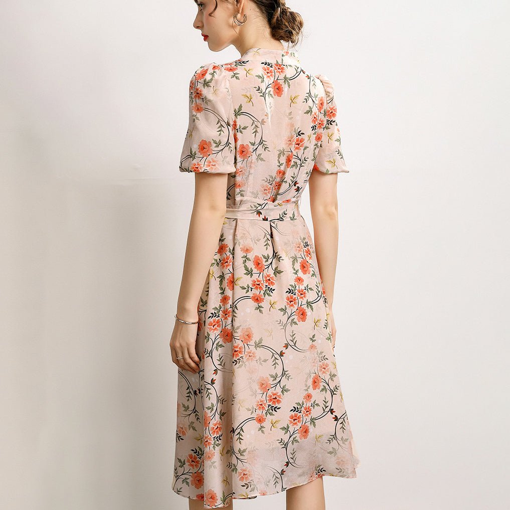 Retro Floral Silk Dress 100% Pure Silk Dress Short-Sleeves Dress Midi Silk Dress