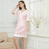 Women Mulberry Silk Nightgown V necked  Half Sleeves Ladies Silk Nightdress