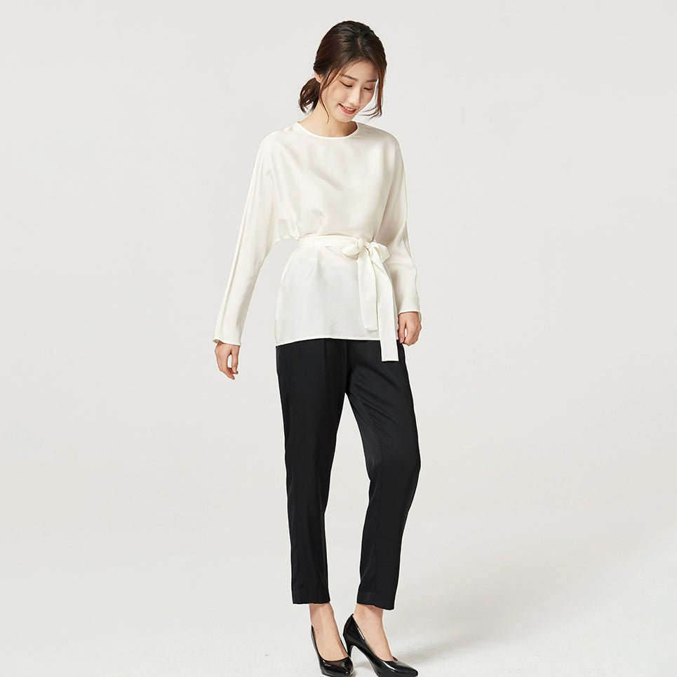 Elegant Silk Blouse For Women Long Sleeves Silk Top With A Belt