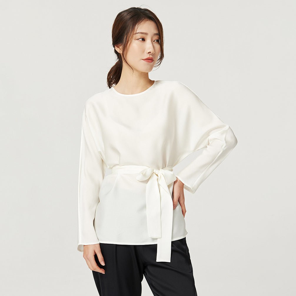 Elegant Silk Blouse For Women Long Sleeves Silk Top With A Belt