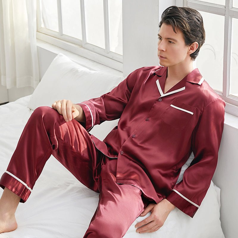 Men Pajama Set Faux Silk Sleepwear Long Sleeve Pants Soft Satin Nightgown